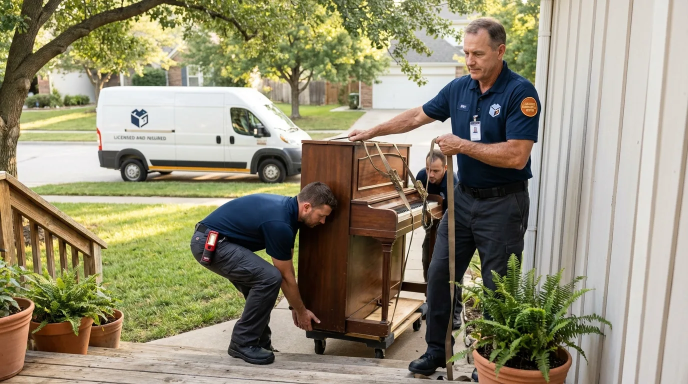 Licensed piano movers securing grand piano in Cowpens, SC