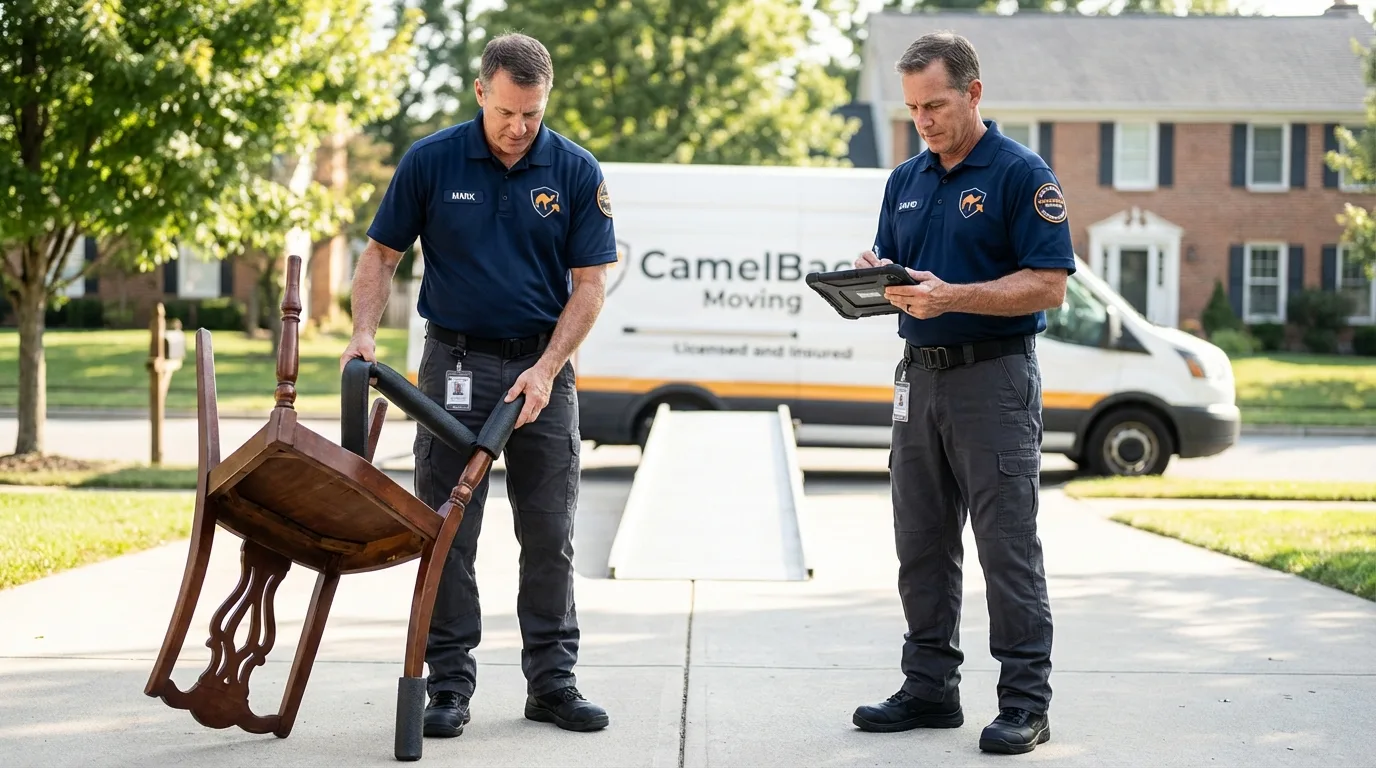 Movers inspecting furniture for damage prevention before loading in Cowpens, SC
