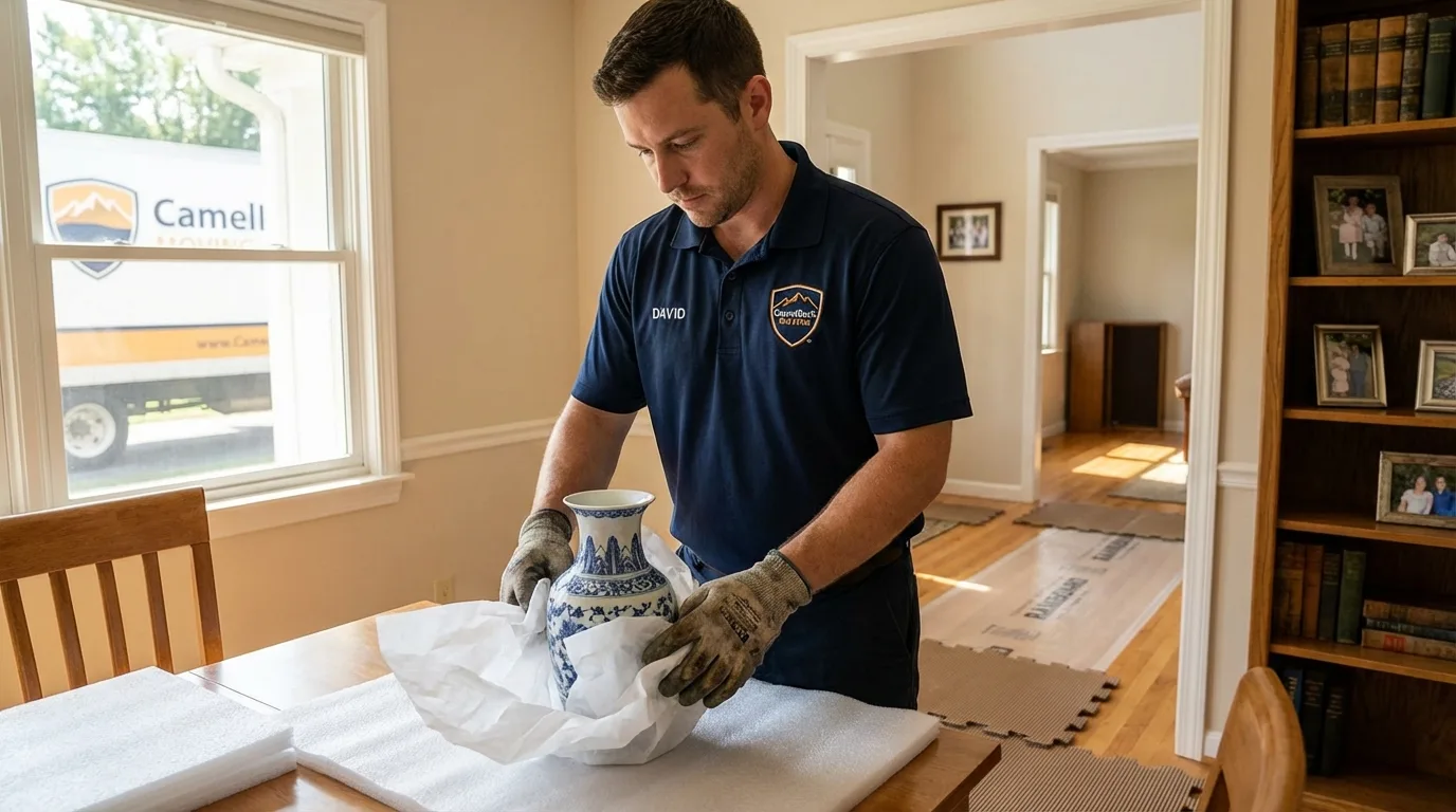 Professional crew carefully wrapping antique vase for senior downsizing move in Cowpens, SC